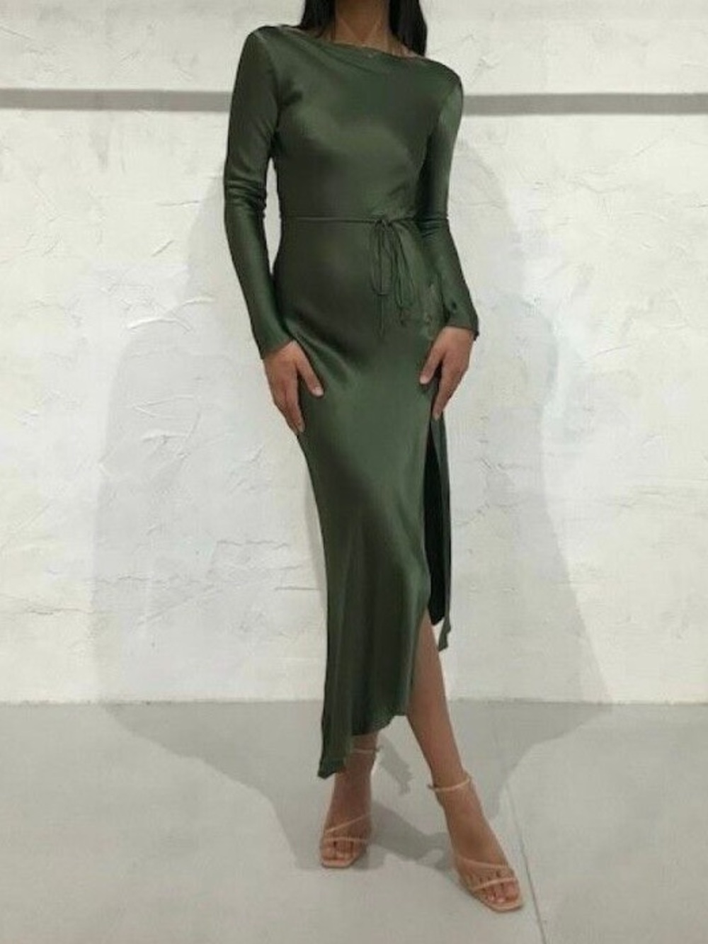 bec + bridge Olive Green Satin Long Sleeve Midi Dress
